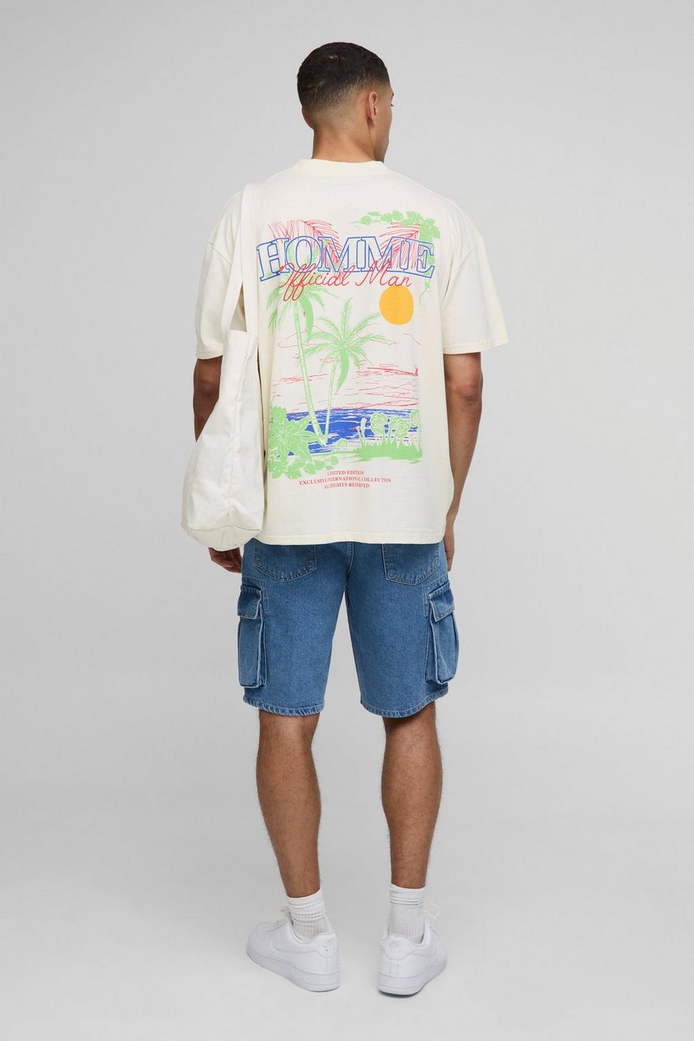 Oversized Extended Neck Sketchy Palm Tree Landscape T-Shirt