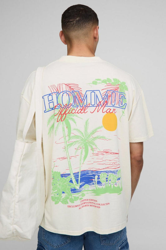 Oversized Extended Neck Sketchy Palm Tree Landscape T-Shirt