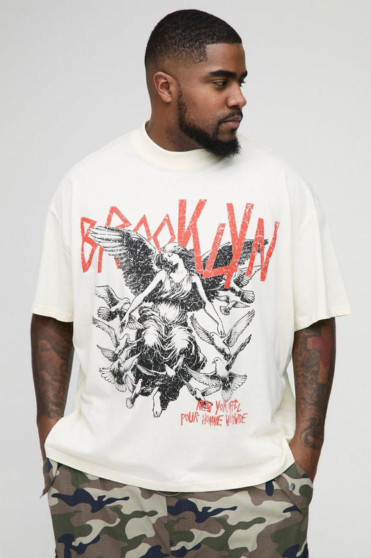 Oversized Extended Neck Gothic Brooklyn Print T-Shirt