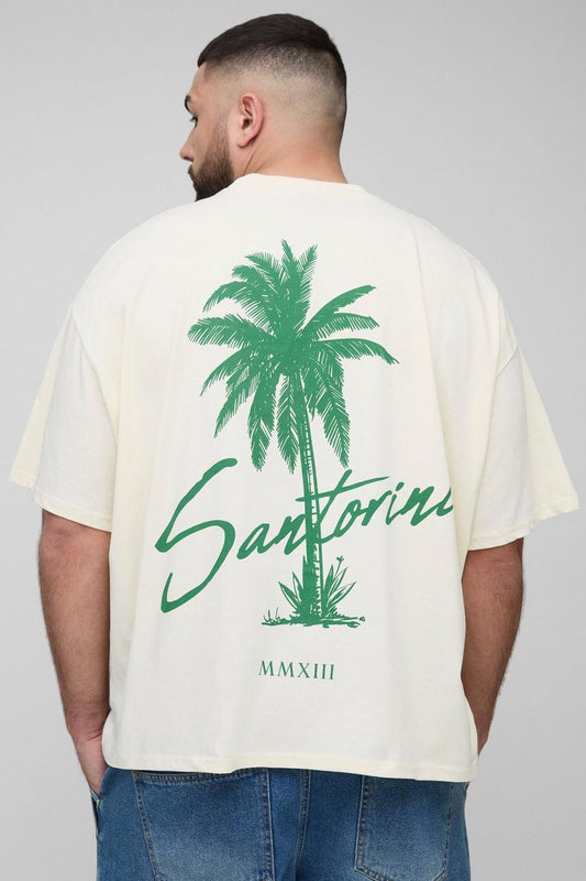 Oversized Extended Neck Santorini Palm Print Landscape T-Shirt