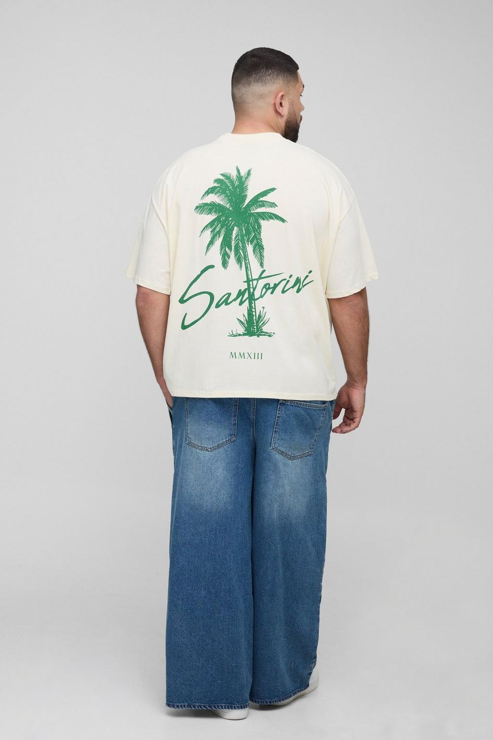Oversized Extended Neck Santorini Palm Print Landscape T-Shirt
