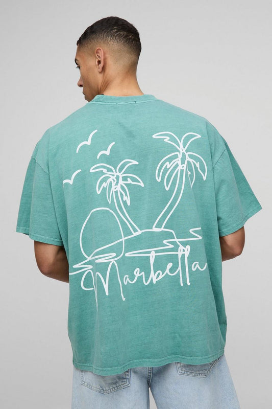 Oversized Extended Neck Line Drawn Marbella Graphic Washed T-Shirt