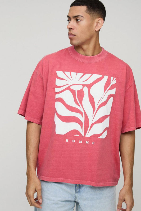 Oversized Boxy Extended Neck Floral Puff Print T-Shirt