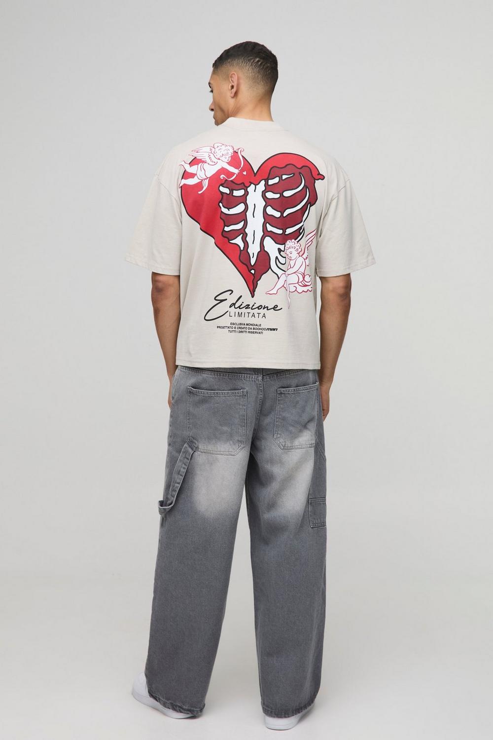 Oversized Boxy Skeleton Heart Print T-Shirt