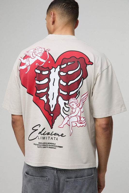 Oversized Boxy Skeleton Heart Print T-Shirt