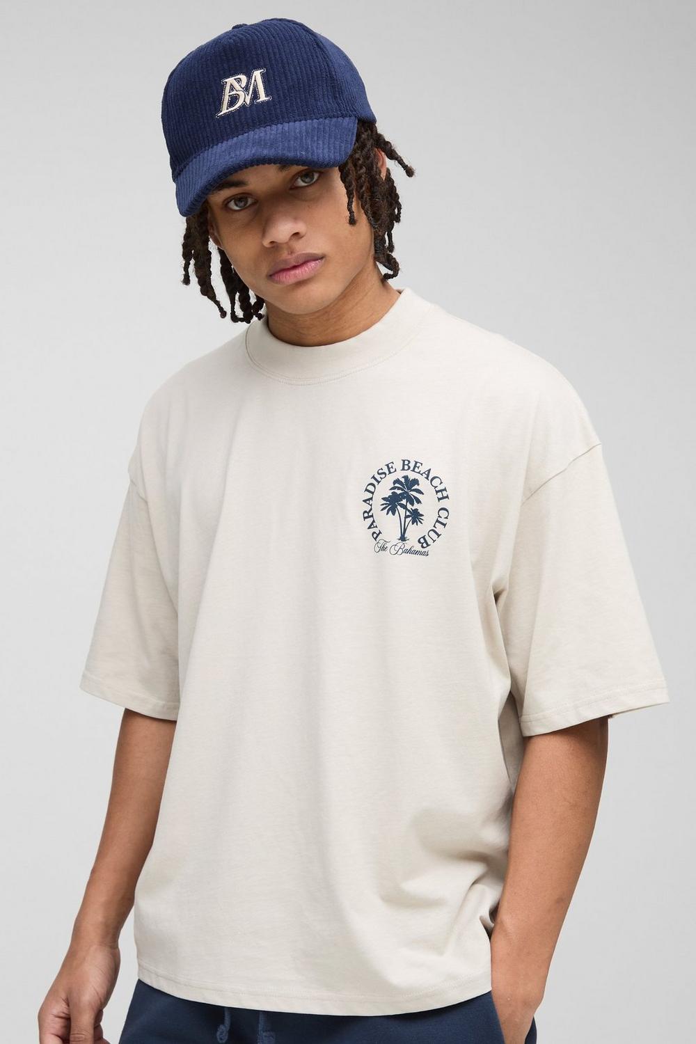 Oversized Boxy Extended Neck Paradise Beach Club Palm Tree T-Shirt
