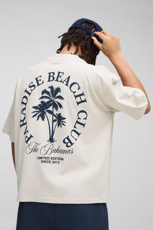 Oversized Boxy Extended Neck Paradise Beach Club Palm Tree T-Shirt