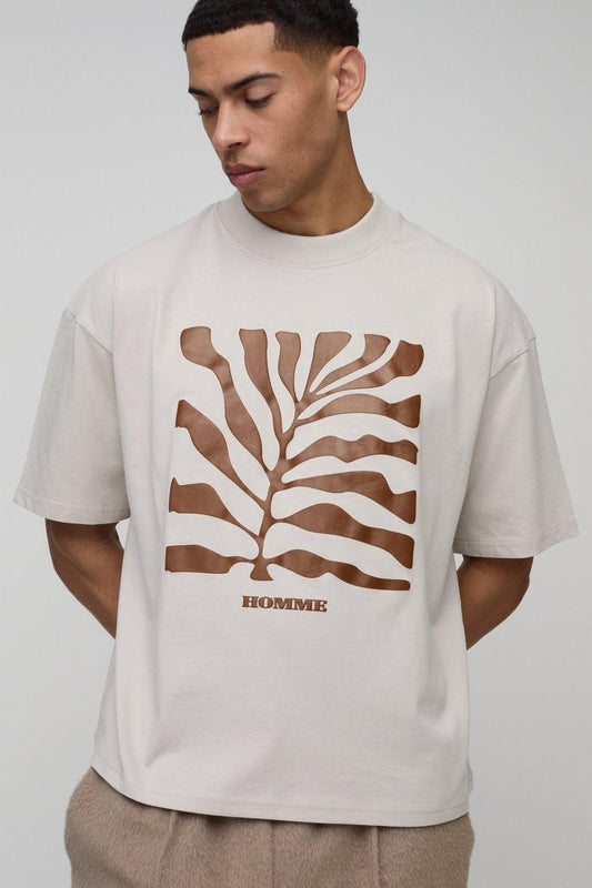 Oversized Boxy Leaf Puff Print T-Shirt