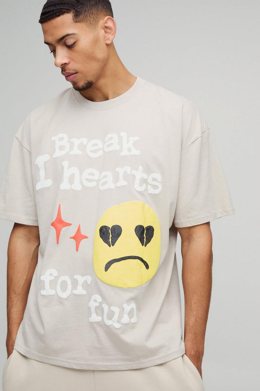 Oversized Break Hearts Slogan Puff Print T-Shirt