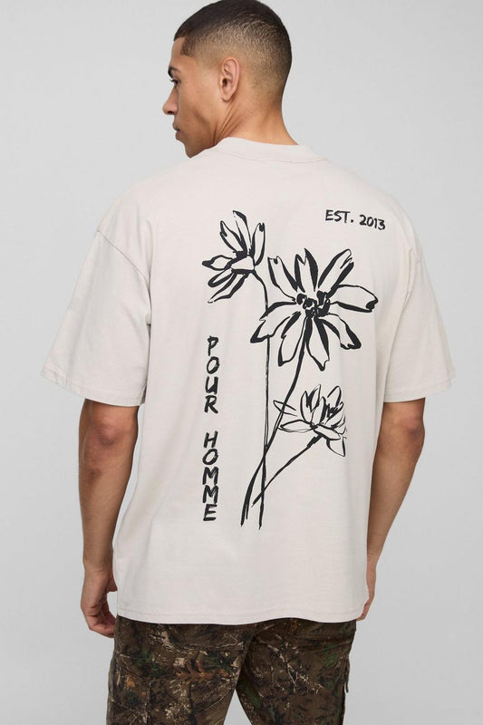 Oversized Extended Neck Pour Homme Sketch Floral T-Shirt