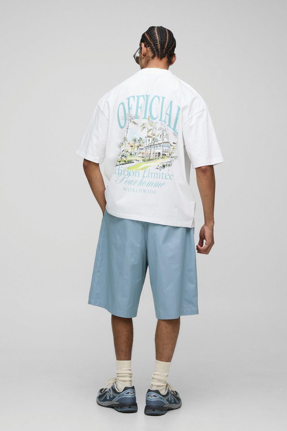 White Oversized Boxy Extended Neck Official Palm Landscape Graphic T-Shirt