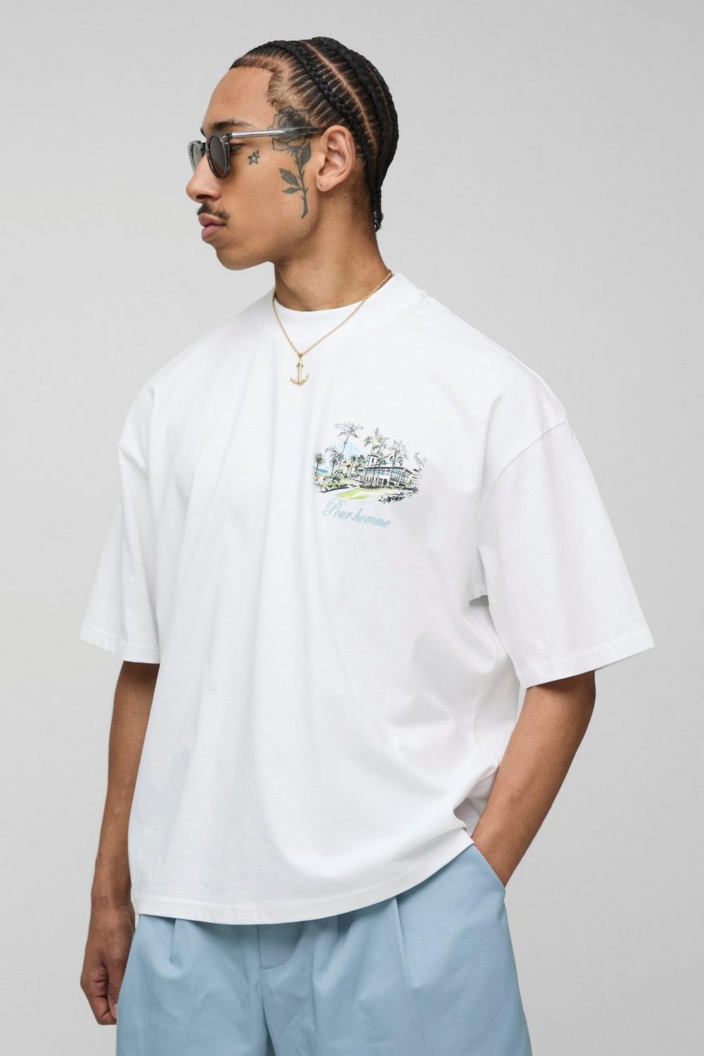 White Oversized Boxy Extended Neck Official Palm Landscape Graphic T-Shirt