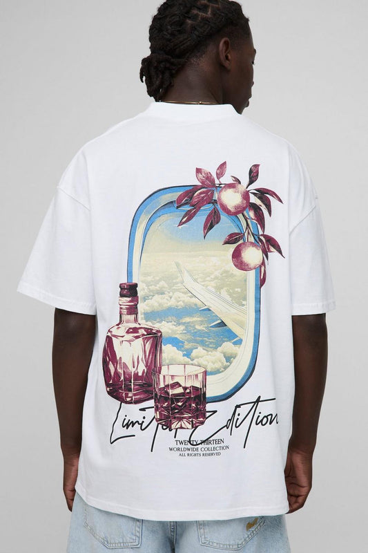 Oversized Extended Neck Signature In the Clouds Graphic T-Shirt