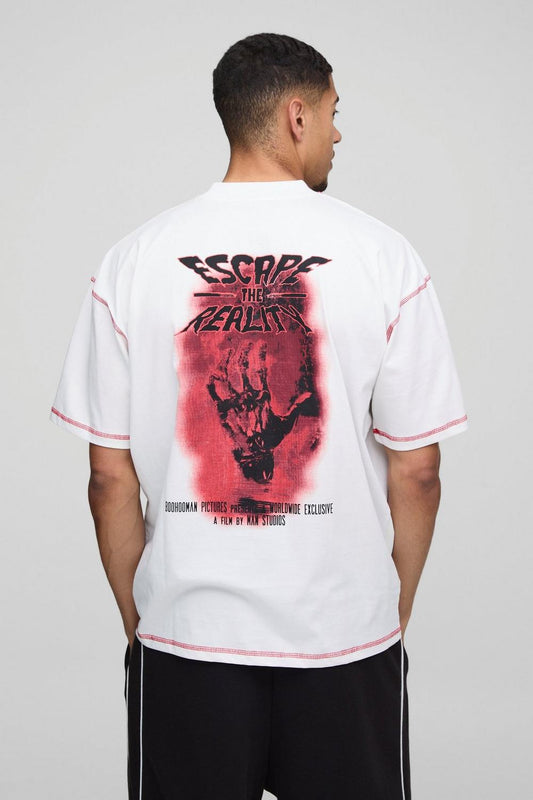 Oversized Extended Neck Contrast Stitch Graphic Print T-Shirt