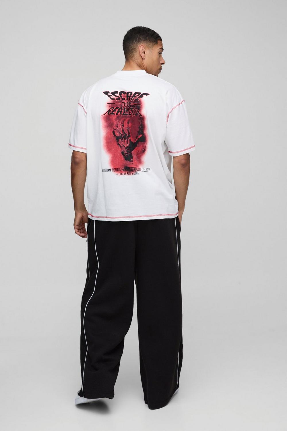 Oversized Extended Neck Contrast Stitch Graphic Print T-Shirt
