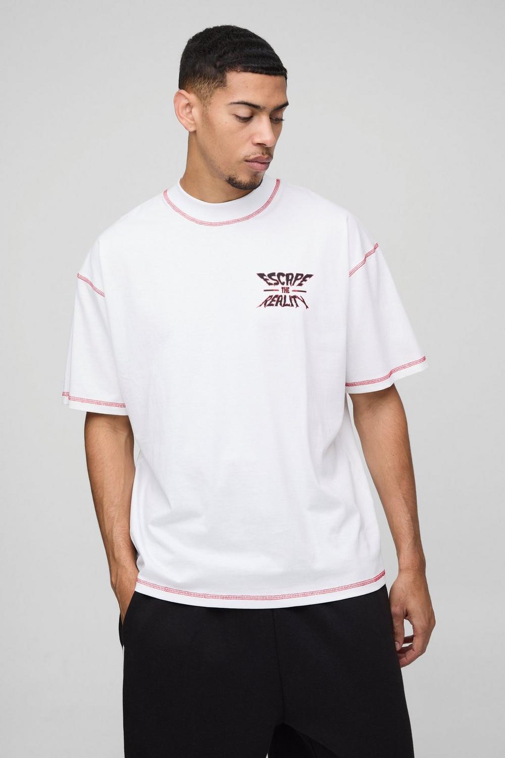 Oversized Extended Neck Contrast Stitch Graphic Print T-Shirt