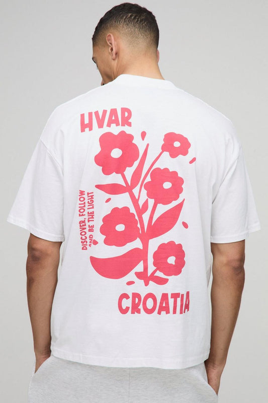 Oversized Extended Neck Croatia Floral Graphic T-Shirt