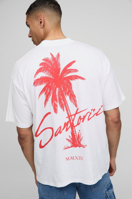 Oversized Extended Neck Santorini Palm Tree Graphic T Shirt