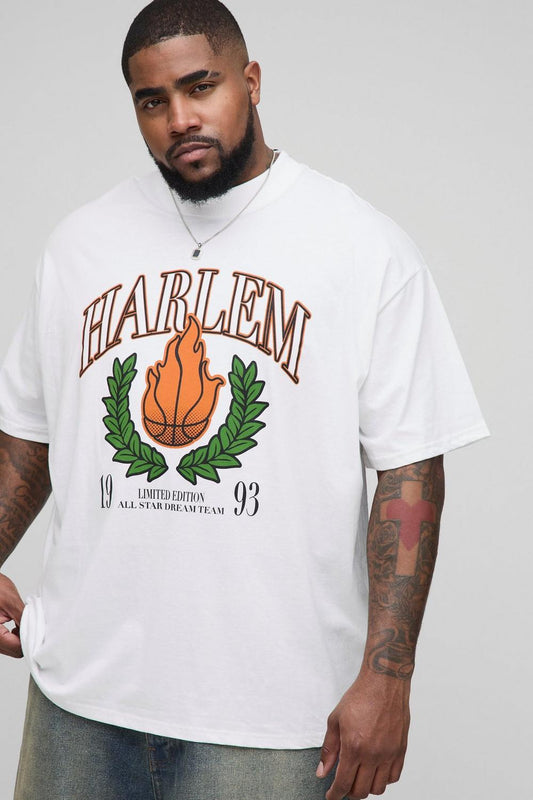 Oversized Extended Neck Harlem Varsity Print T-Shirt