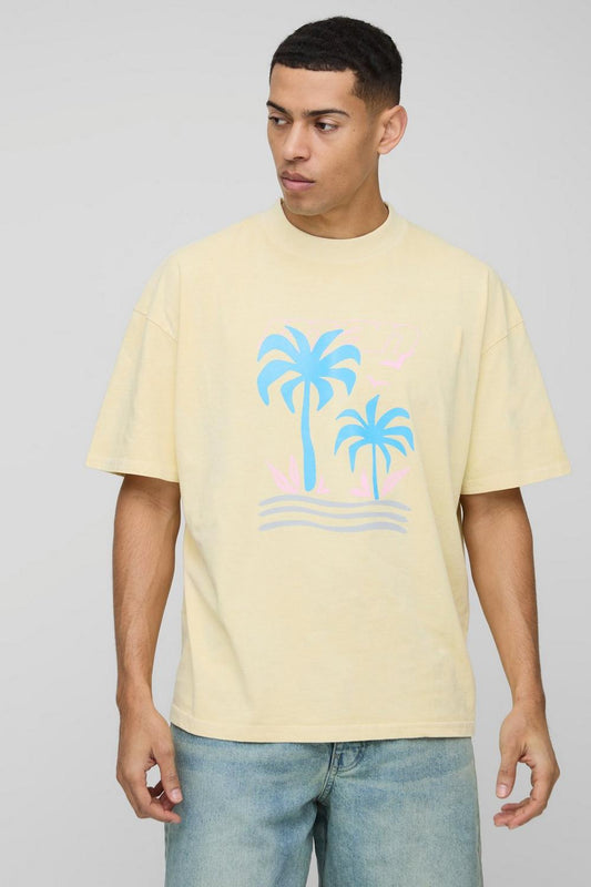 Oversized Extended Neck Washed Man Palm Graphic T-Shirt