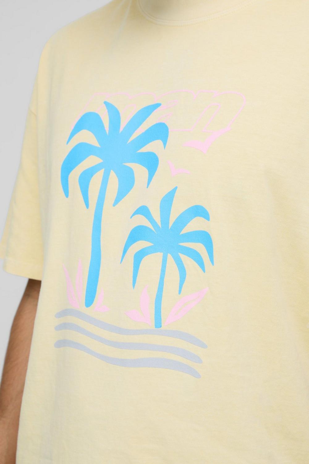 Oversized Extended Neck Washed Man Palm Graphic T-Shirt